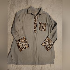 Chico's Black and White Striped Shirt with Leopard Details
